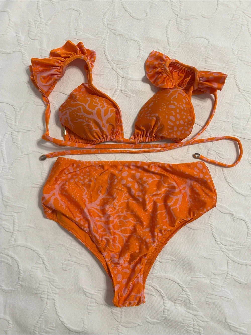 PatBO Ruffled Strap Coral Print Bikini Set in Orange & Pink